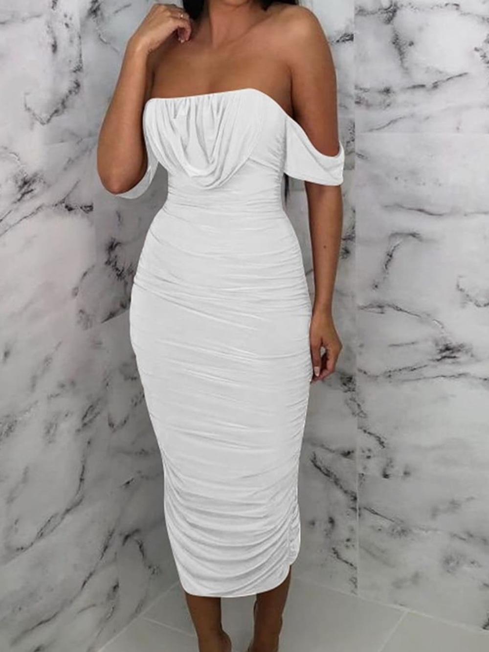 Off-Shoulder Beige Draped Midi Dress